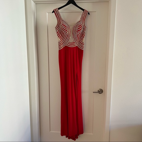 Red Crystal Embellished Evening Gown Dress - Picture 6 of 9